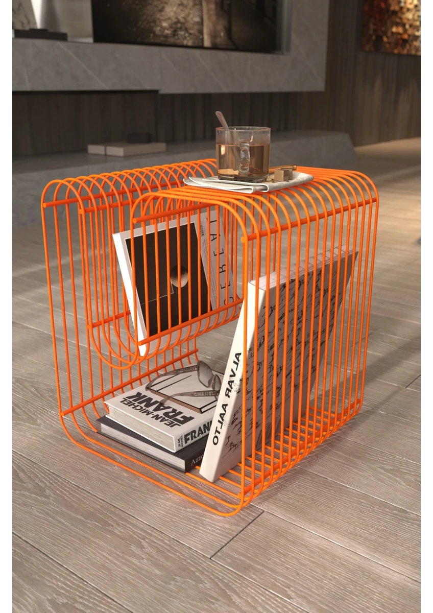 Turuncu Tel Metal Tasarımlı Modern Paslanmaz Yan Sehpa, Dekoratif Metal Sehpa